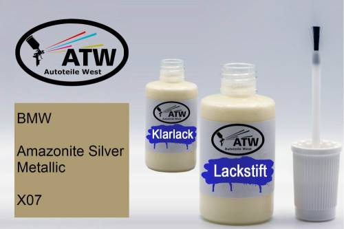 BMW, Amazonite Silver Metallic, X07: 20ml Lackstift + 20ml Klarlack - Set, von ATW Autoteile West.